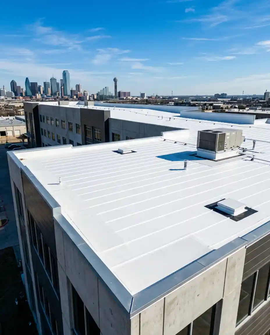 tpo-roof-mid-size-industrial-dallas bright white TPO roof installation on a mid-sized Dallas commercial building